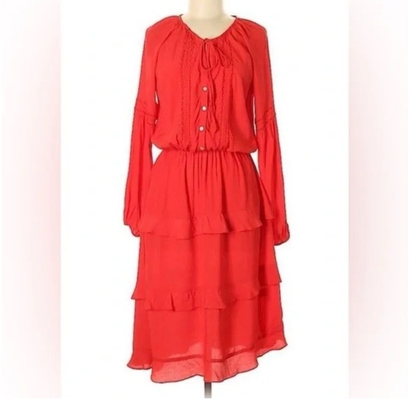 Anthropologie Sunday Brooklynn red‎ tiered long sleeves midi dress large holiday - Picture 1 of 8